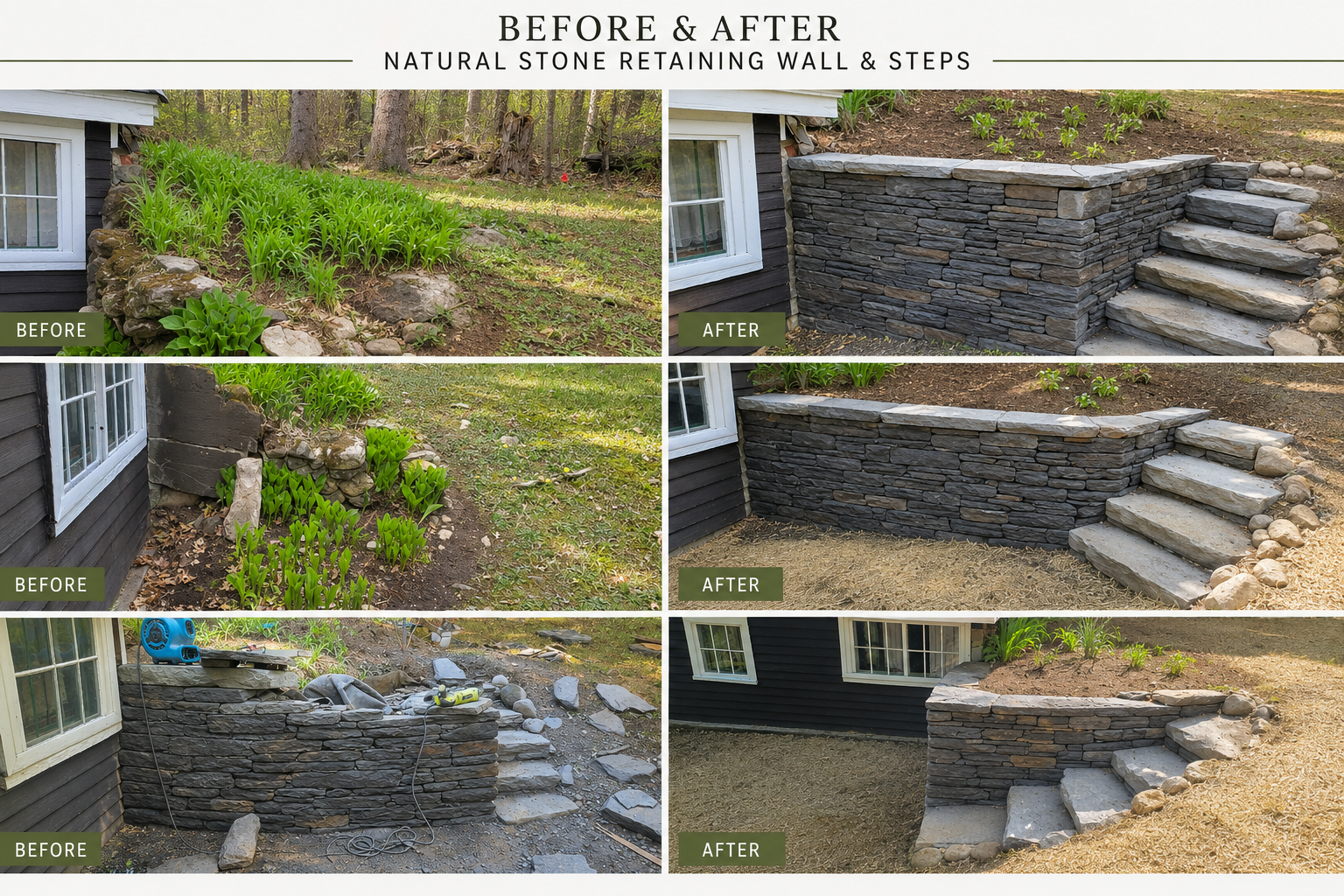 Comparison of before and after images showing the transformation of a stone retaining wall and steps outside a house. The before images show a disorganized, incomplete wall and steps with construction materials nearby. The after images display a finished, neatly constructed stone retaining wall and steps, enhancing the landscape appearance.