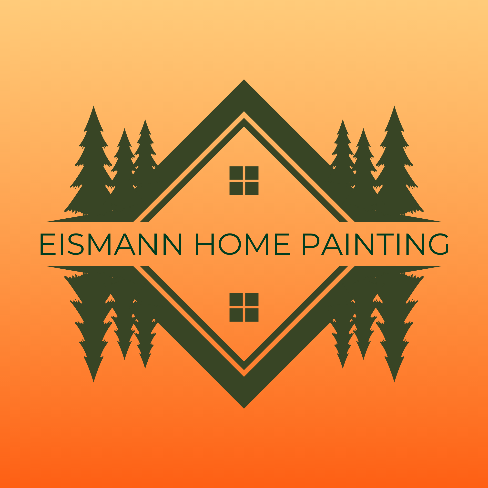 Logo for Eisman Home Painting featuring a house with pine trees and stylized mountains in the background on an orange gradient background.