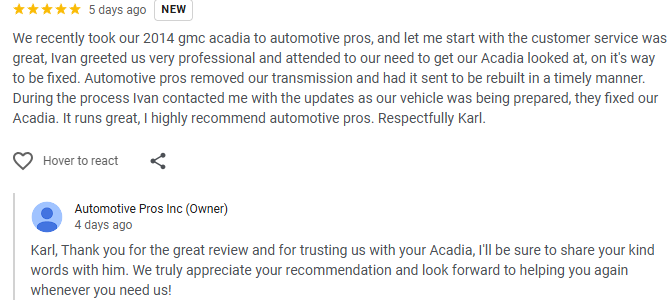 Online customer review and reply for an automotive service, praising the repair of a 2014 GMC Acadia.
