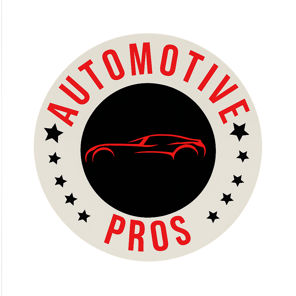 A circular logo with the words 'Automotive Pros' in red around a black background. Inside the black circle, there is a red outline of a car.