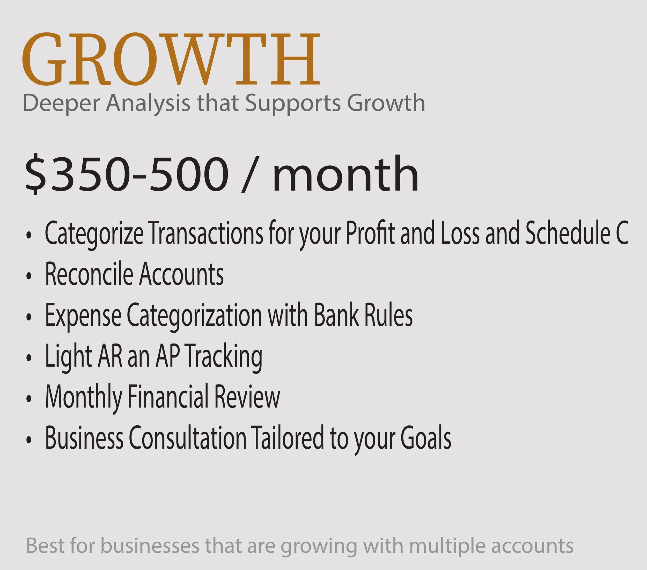 Slide presenting information about growth support strategies, pricing, and business consulting services.