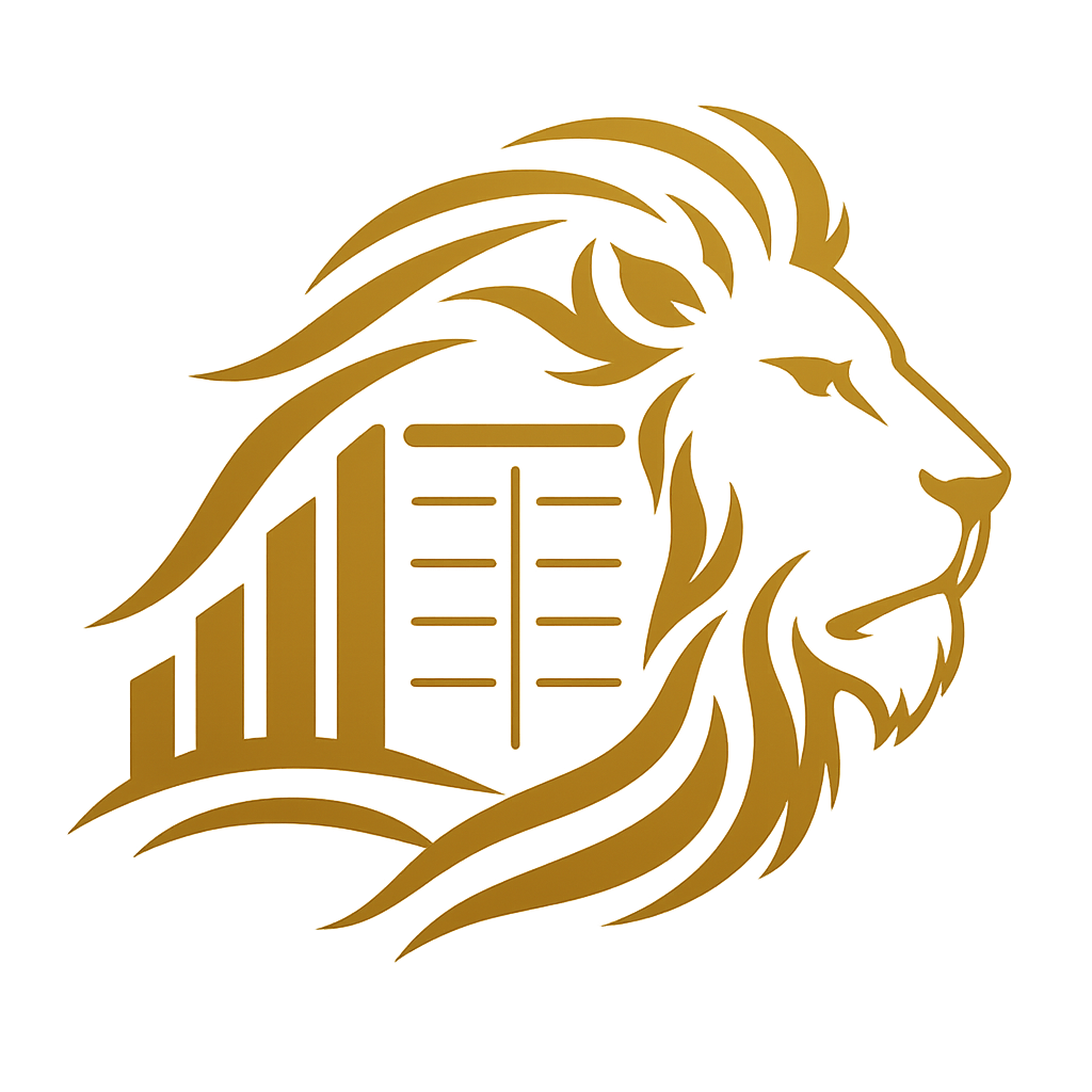 Golden lion logo with a bar chart and a financial graph outline behind it.
