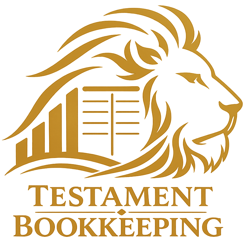 A gold-colored logo of a lion's head and a building, with the text "Testament Bookkeeping" underneath.