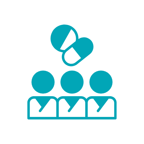 Icon of three people with a pill above them, representing medication or healthcare for groups.