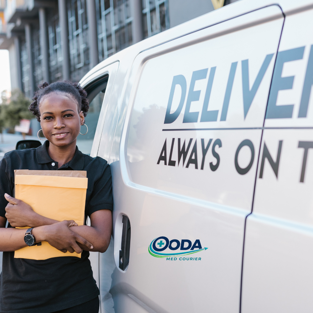 A woman standing next to a delivery van holding a package. The van displays the text "DELIVER ALWAYS ON TIME" and the logo of ODA Med Courier.