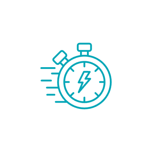 Stylized blue stopwatch with a lightning bolt and speed lines indicating quickness or urgency.