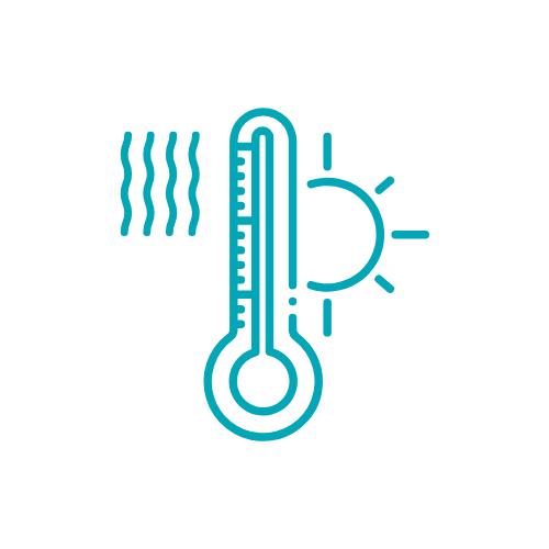 Icon of a thermometer with rising steam, a sun, and temperature markings, representing hot weather and high temperatures.