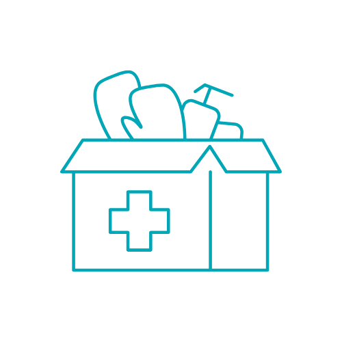 Outline of a cardboard box filled with medical supplies such as bandages and a syringe, with a medical cross symbol on the box.