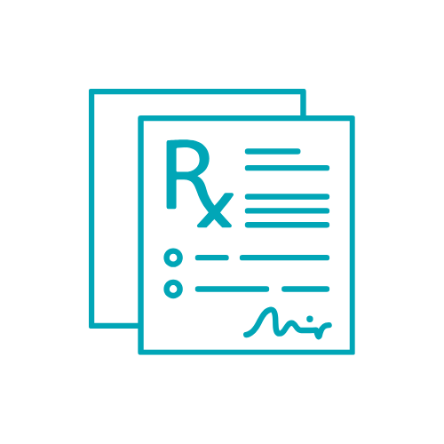 Illustration of two prescription documents with a large 'Rx' and medical lines, in blue outline against a black background.