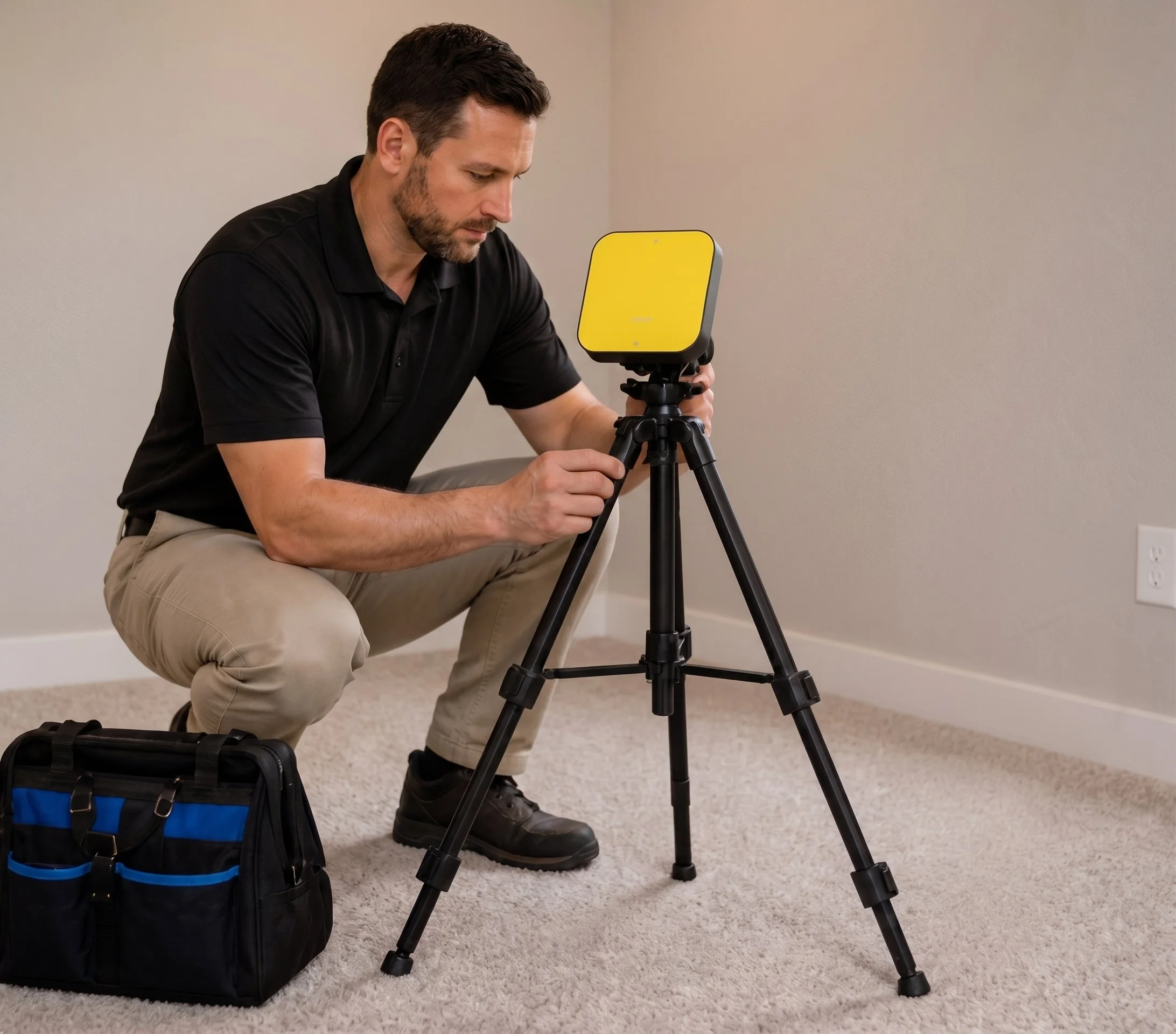 axium radon mitigations specialist setting up test for radon in the basement of a home