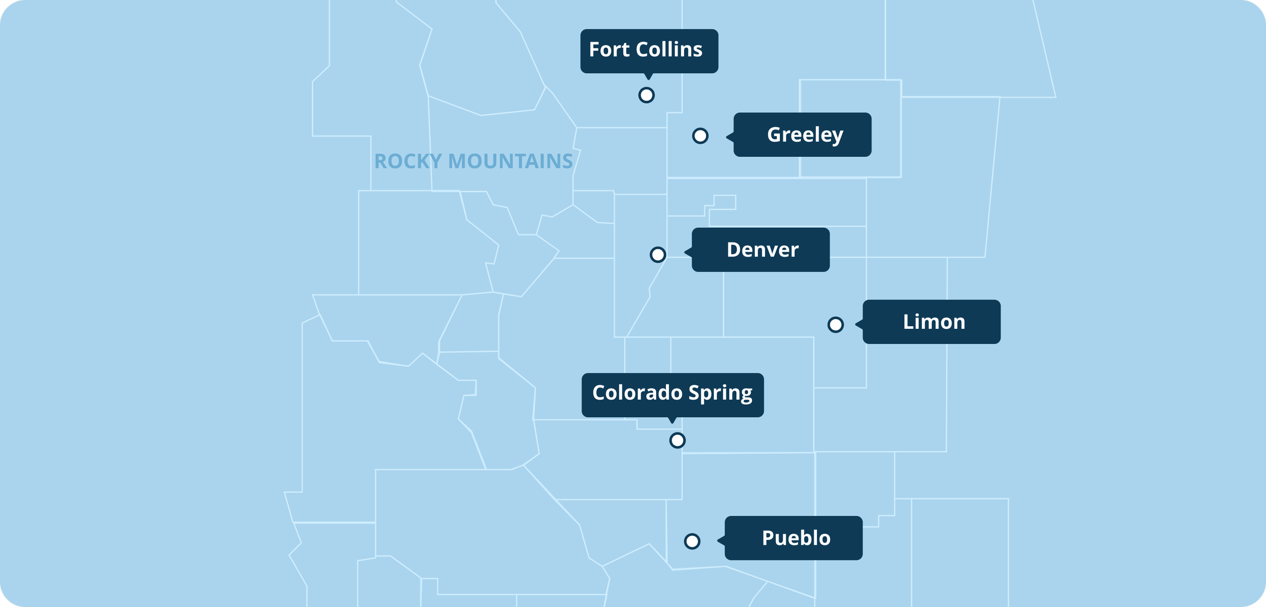 Map showing locations in Colorado, including Fort Collins, Greeley, Denver, Limon, Colorado Spring, and Pueblo, with the Rocky Mountains in the background.