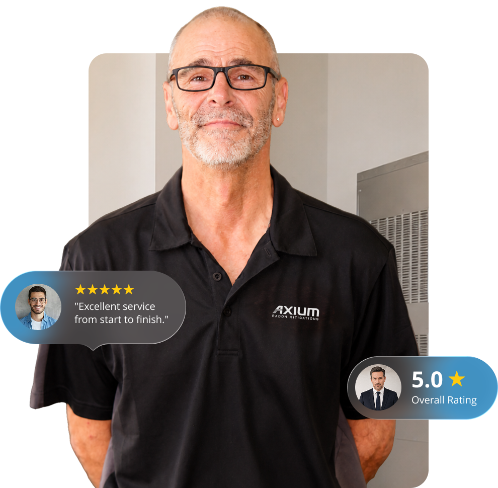A middle-aged man with glasses, a gray beard, and a bald head, wearing a black polo shirt with 'AXIUM' logo, standing indoors. There are customer review icons with five-star ratings and a quote about excellent service.