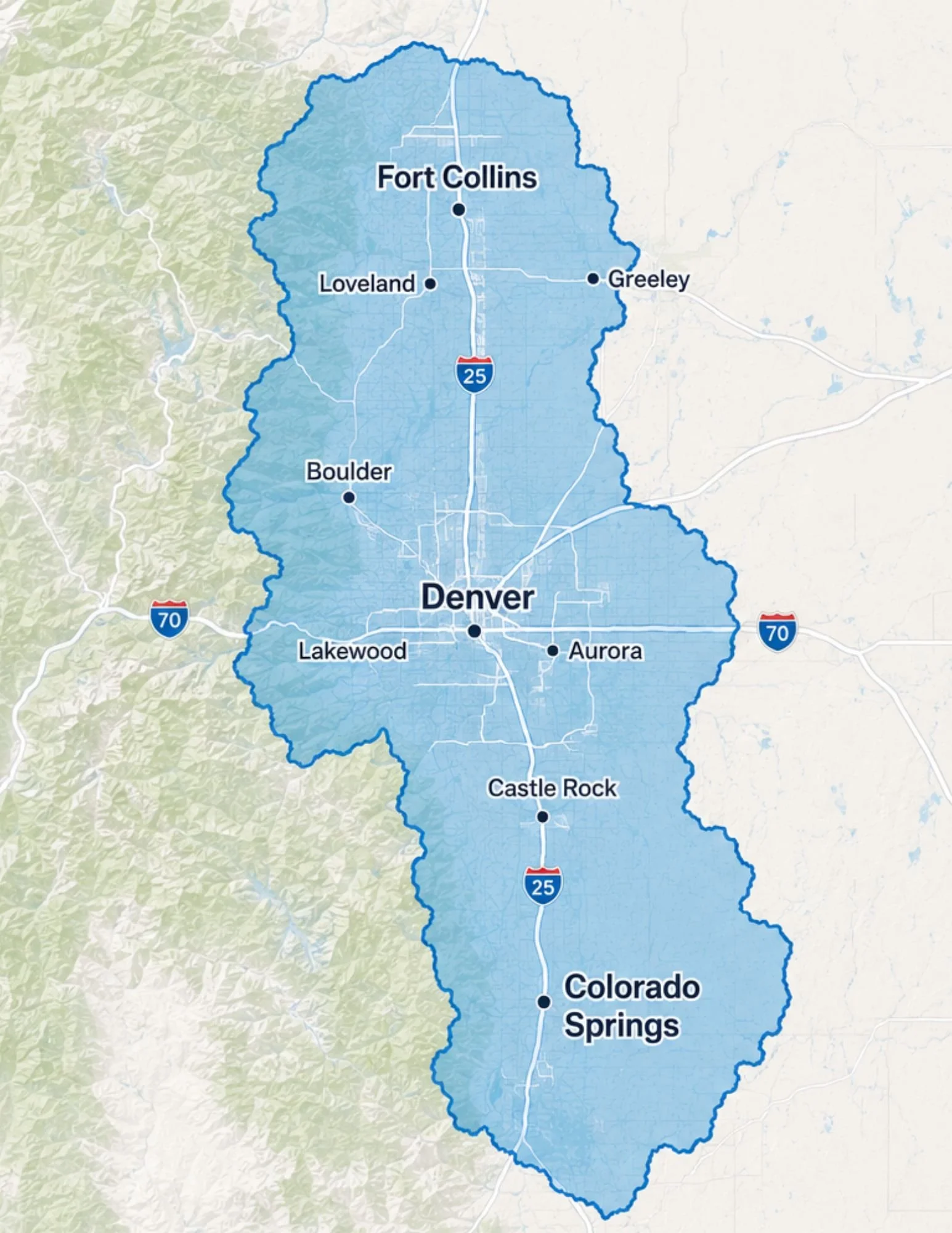 Map showing the outline of a region with cities labeled including Fort Collins, Loveland, Greeley, Boulder, Denver, Lakewood, Aurora, Castle Rock, and Colorado Springs. Major highways like I-25 and I-70 are marked.