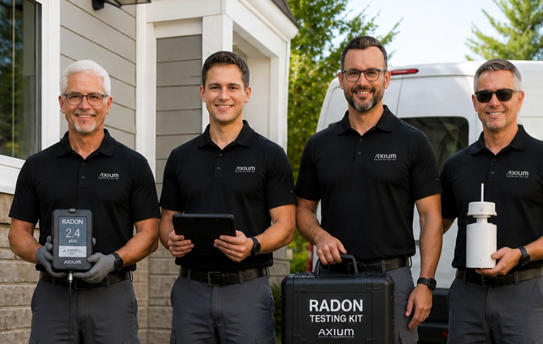 Four men in black polo shirts standing outdoors in front of a house, holding radon testing equipment, smiling at the camera.