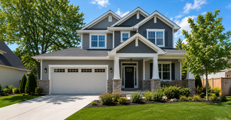 A modern two-story house with gray siding, a front porch with white columns, a two-car garage, and well-maintained front yard with trees and shrubs.