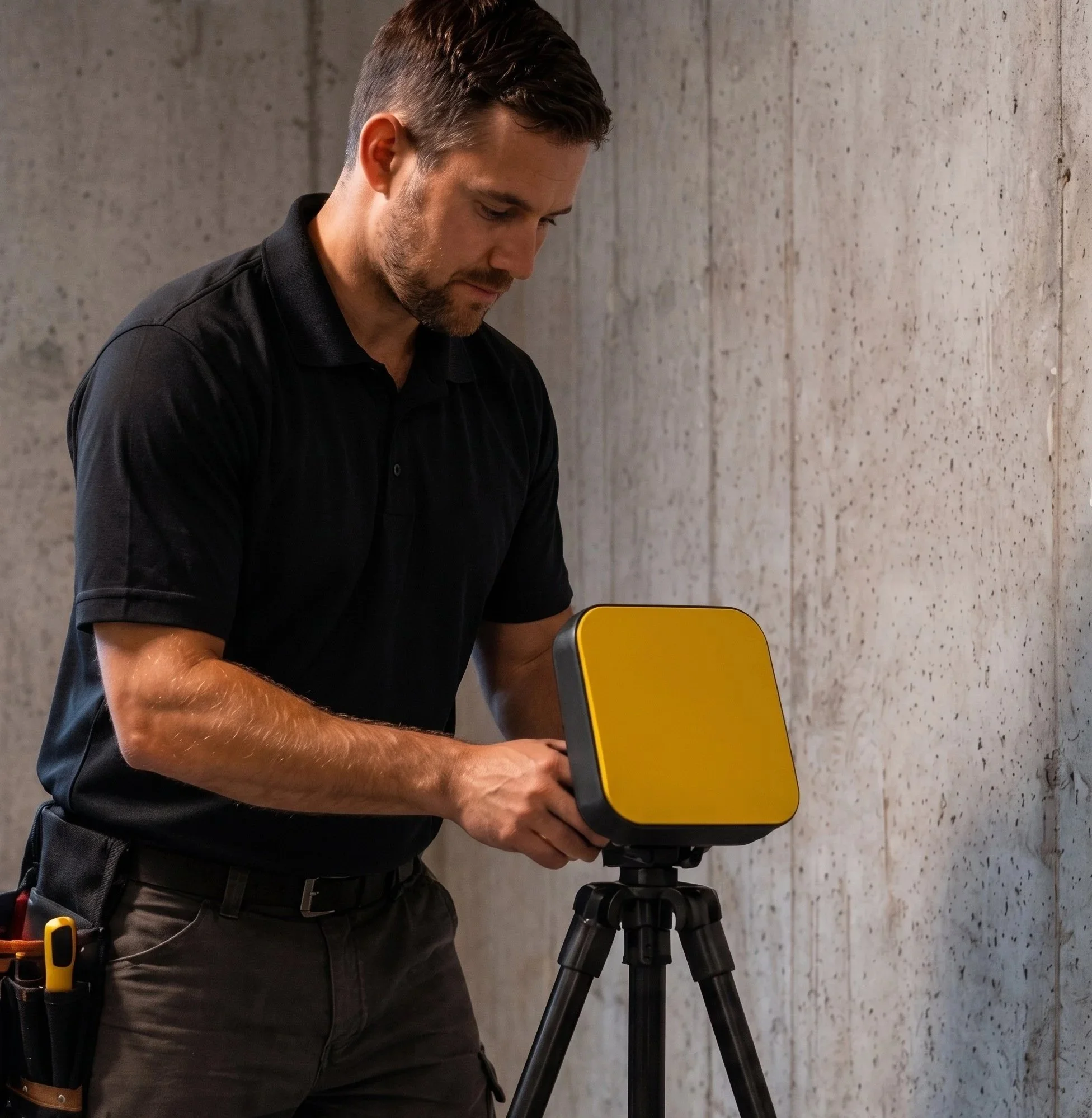 axium radon mitigations specialist setting up radon testing equipment in the basement of a colorado home