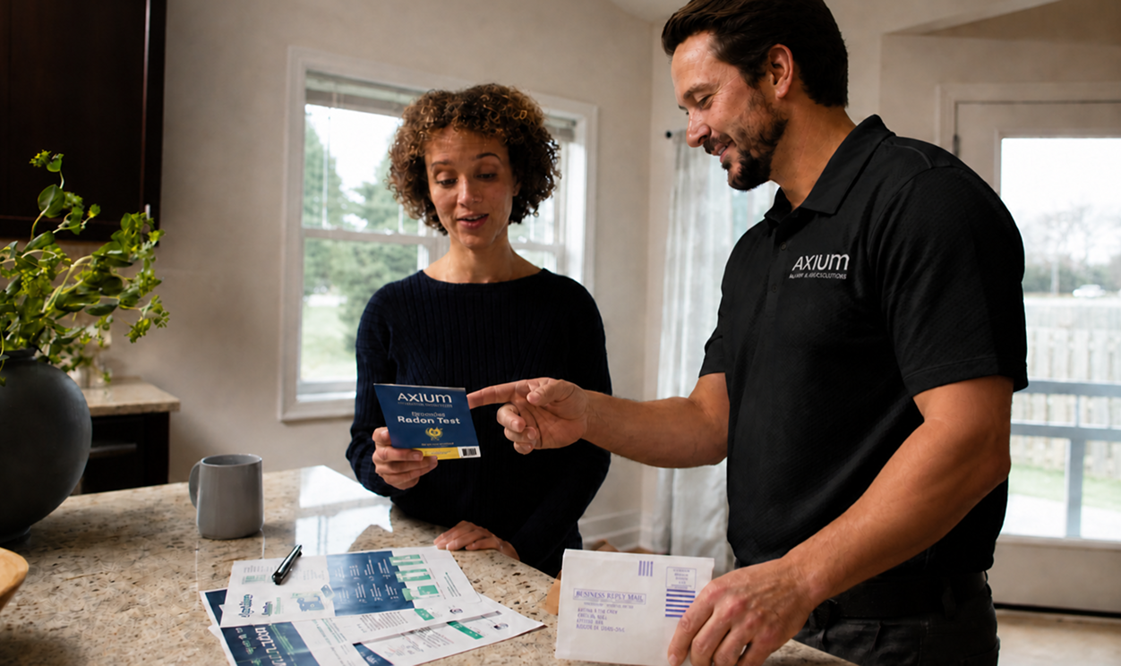 A man and woman discuss a radon test kit on a kitchen counter, with documents and a pen nearby, in a well-lit room with a window and plant.