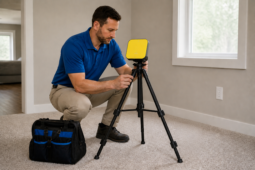 A man in a blue polo shirt and beige pants assembling photography or surveying equipment on a tripod in a room with a window, beige carpet, and a bag on the floor.