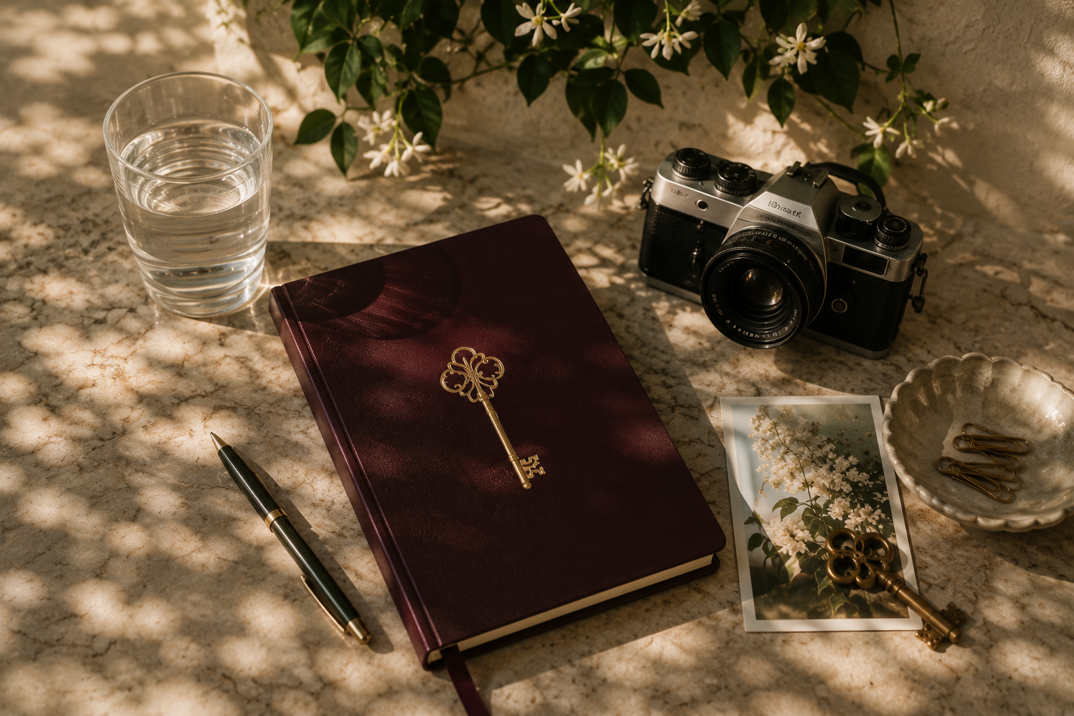 A glass of water, a closed maroon notebook with a gold key on top, a black pen with gold accents, a vintage camera, a printed photograph of white flowers, a small bowl with gold paper clips, and a gold key, all on a granite countertop with leafy plant shadows and background.