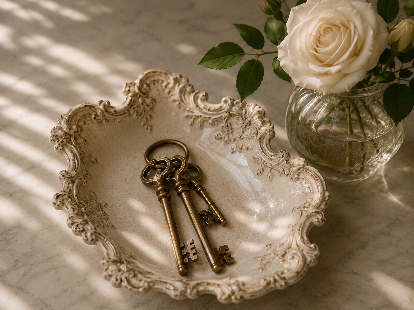 An ornate, white ceramic dish with vintage keys inside, next to a glass vase with a white rose and green leaves.
