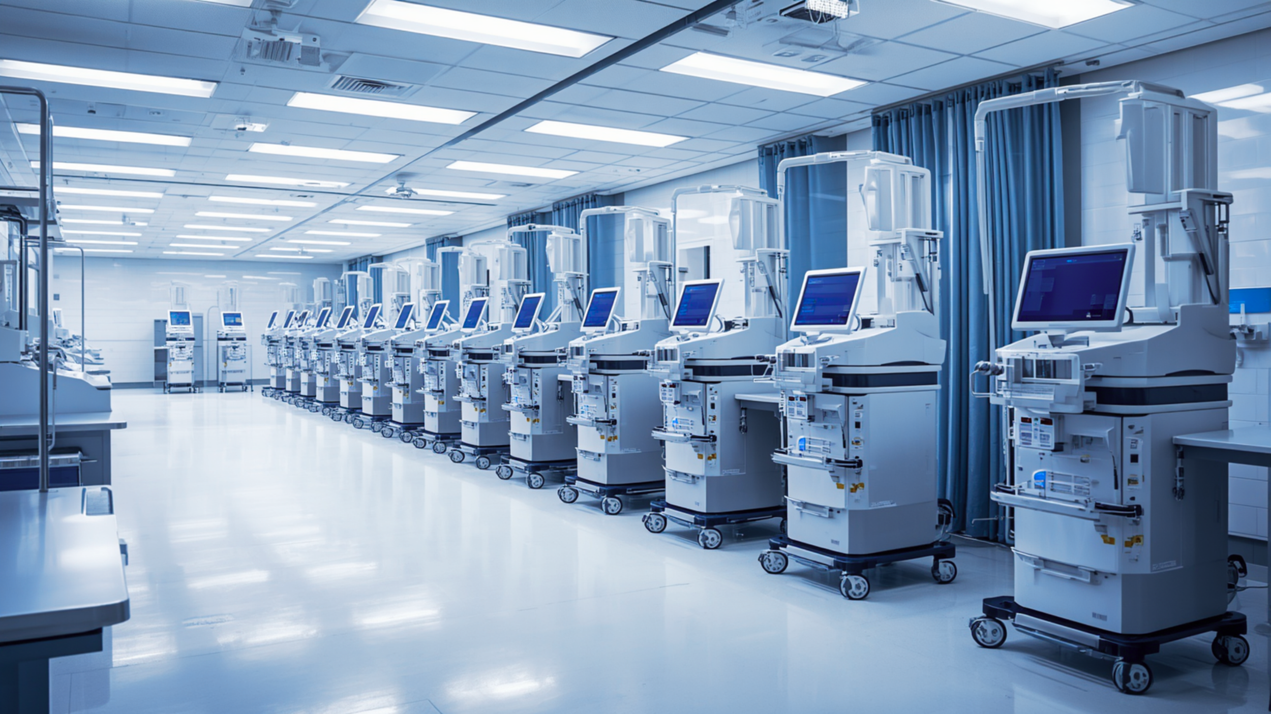 Hospital room with medical ventilators and patient monitors arranged in rows