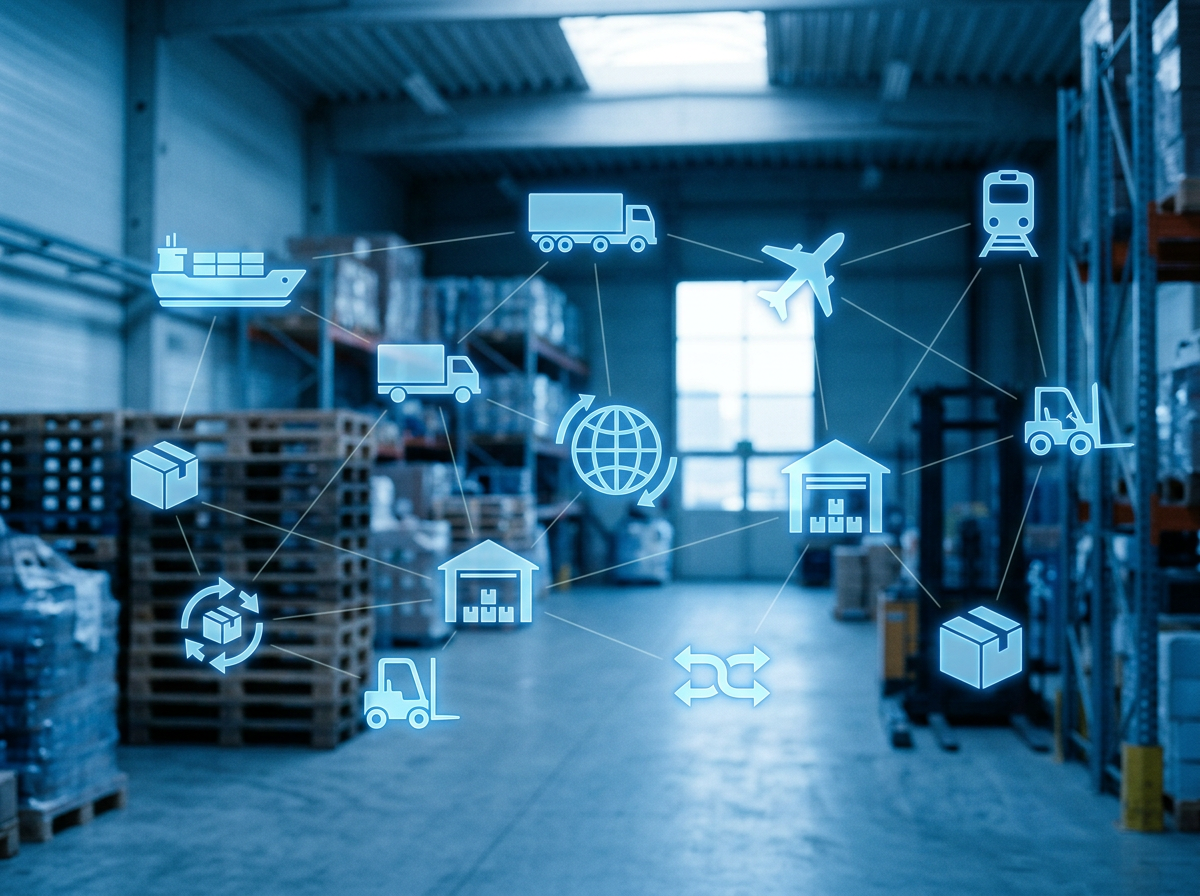 Supply chain and logistics icons overlaid on a warehouse environment