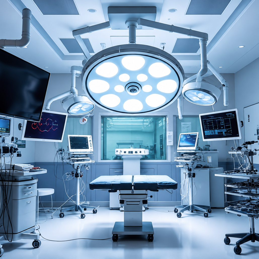 Hospital operating room with surgical lights, monitors and operating table