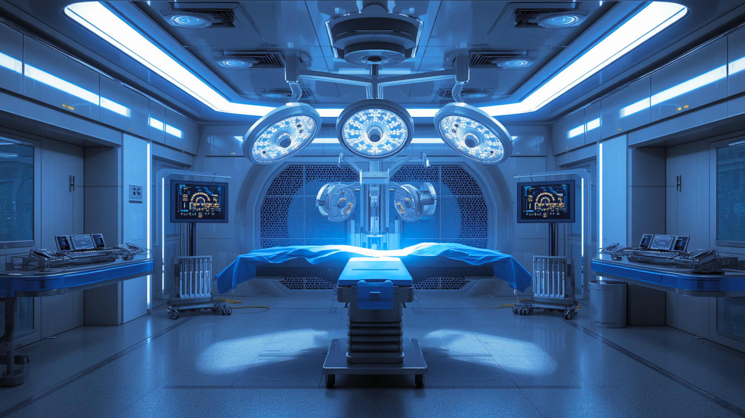 Modern operating room with advanced medical equipment and overhead surgical lights