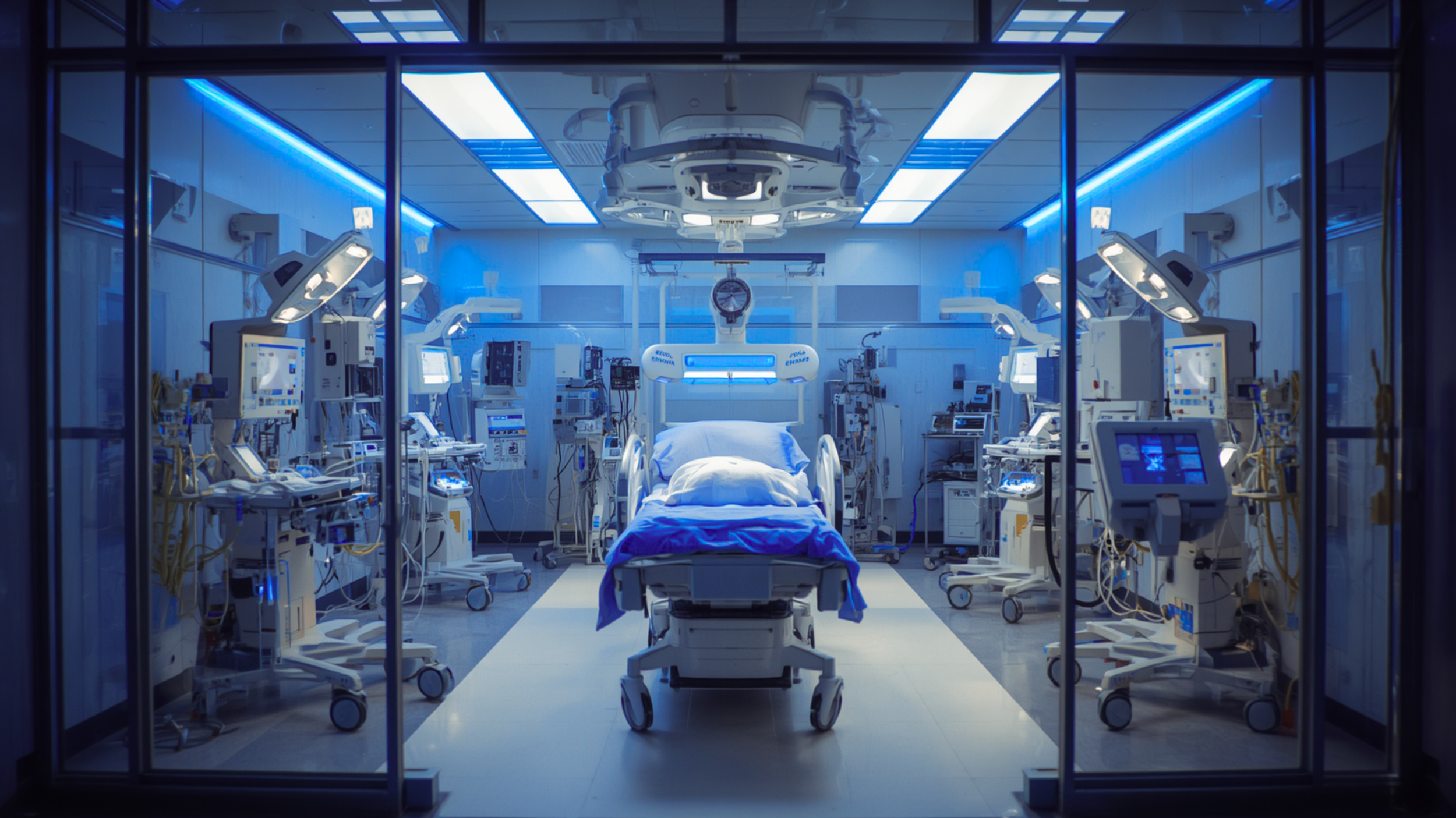 Hospital ICU with patient bed, medical equipment, monitors and robotic arms