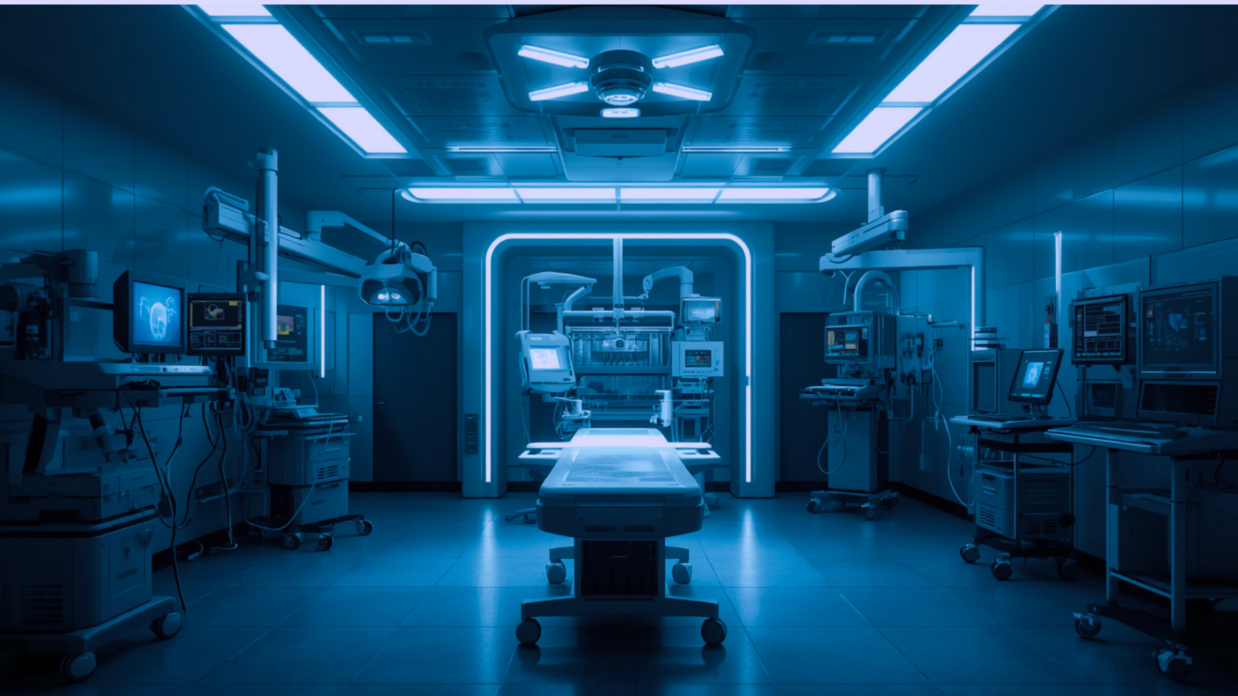 Modern hospital operating room with medical equipment and monitors under blue lighting