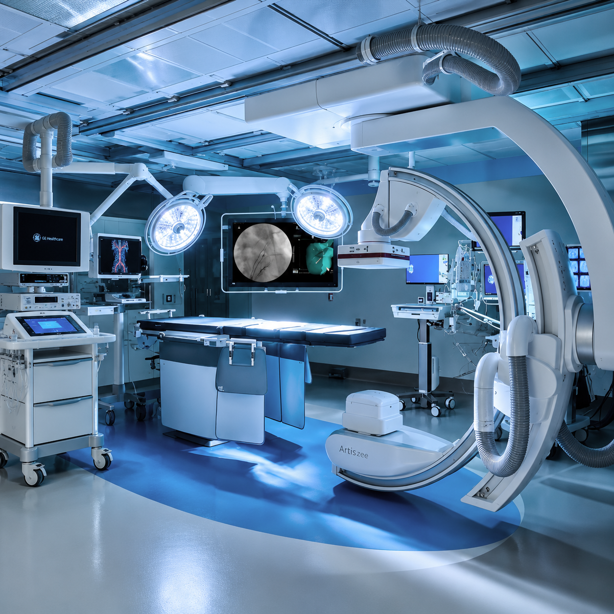 Hospital operating room with robotic surgical system, monitors and surgical lights