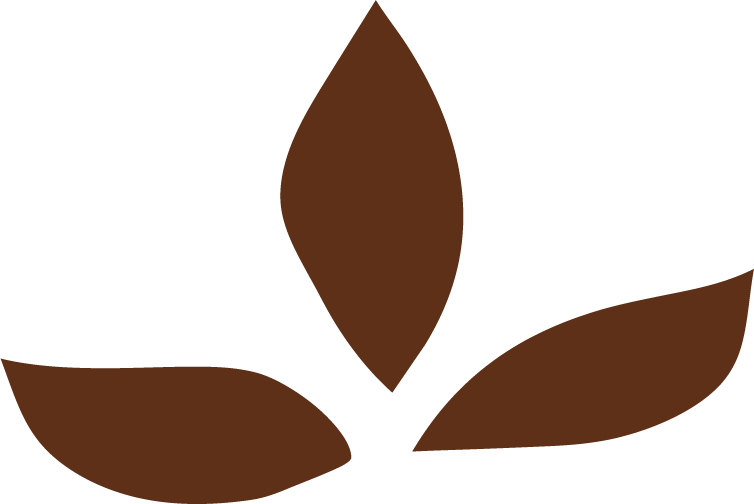 A symbol of nature healing through aromatherapy. A stylized graphic of three brown leaves arranged in a triangular pattern.