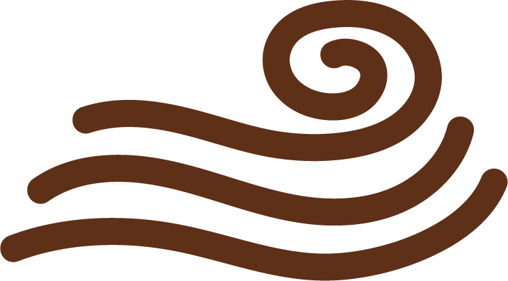 A symbol of breath work through massage therapy. Simple illustration of a swirl with three wavy lines underneath.