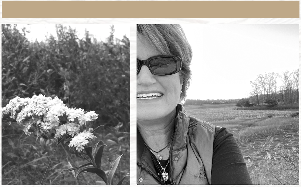 Beth Kerner in front of One Island, with flowering plants on her left and open fields with trees in the distance on her right.