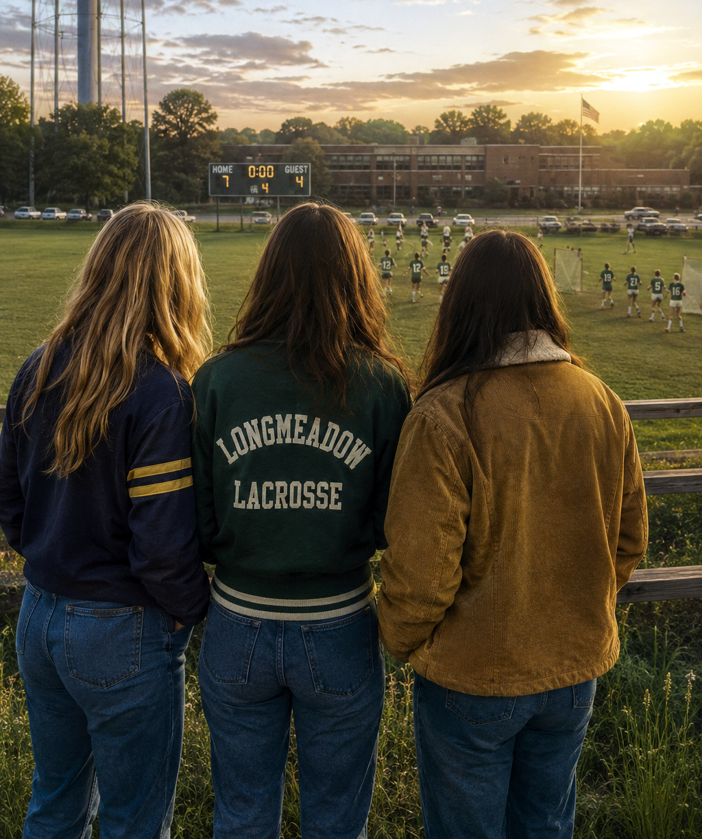 Three young women watching a lacrosse game from a bleacher, with a sunset behind them; the central woman wears a sweatshirt reading "LONGMEADOW LACROSSE".