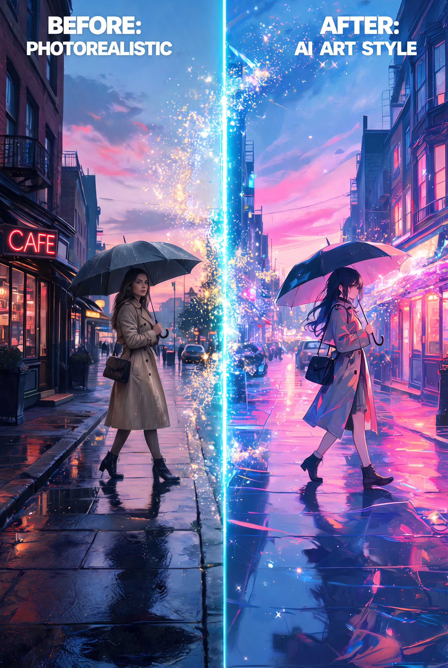 Comparison of two digital artwork styles. The left side depicts a photorealistic scene of a woman with an umbrella on a wet city street at sunset, with store signs and buildings. The right side shows an AI-generated anime-style scene with a girl holding an umbrella on a reflective street, vibrant neon lights, and a colorful sky.