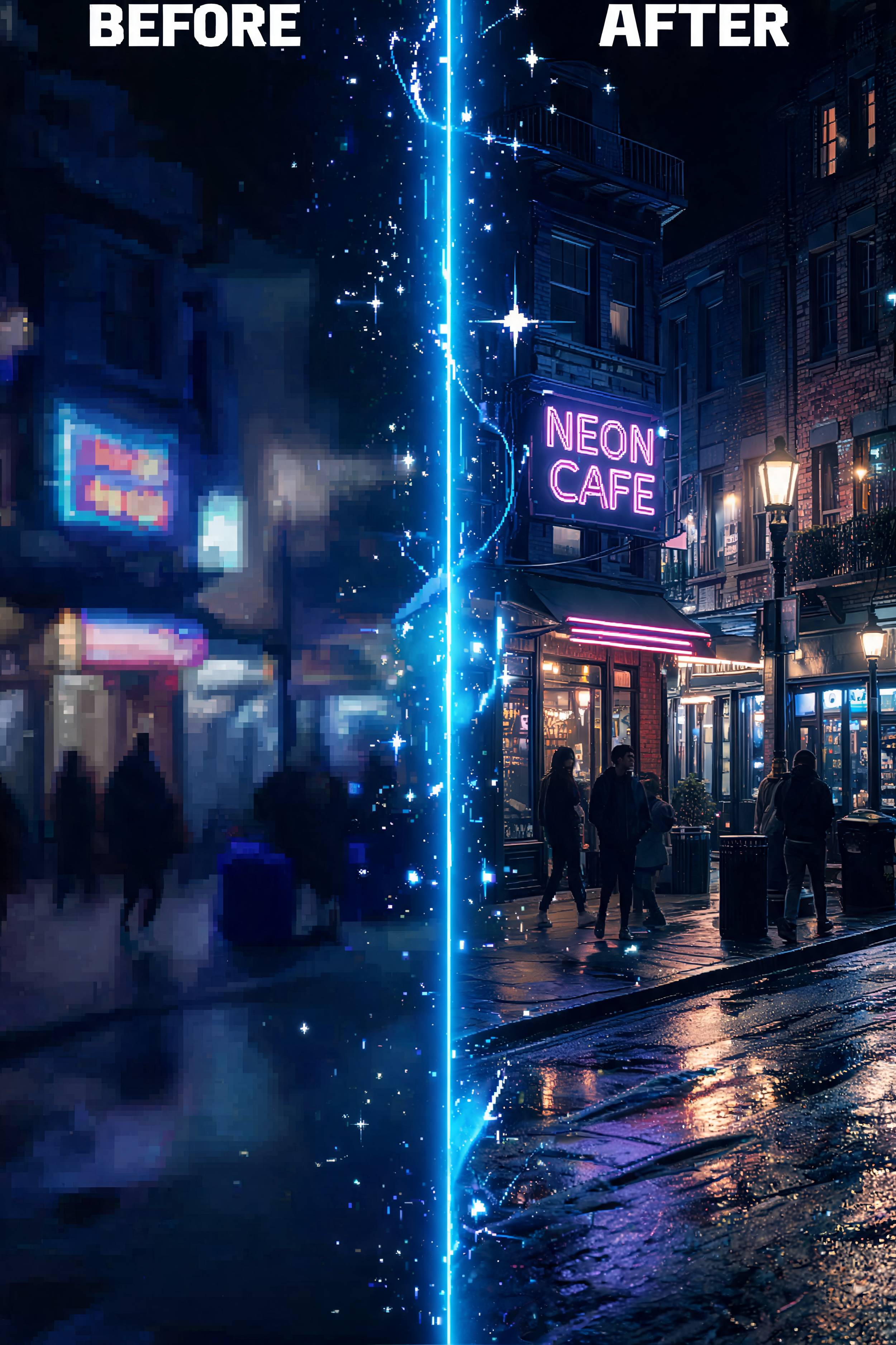 Night street scene divided vertically, with a glow in the middle. Left side shows a crowded street with blurred pedestrians and neon lights. Right side features a storefront with a neon sign reading 'NEON CAFE', lit windows, street lamps, and people walking on wet pavement.