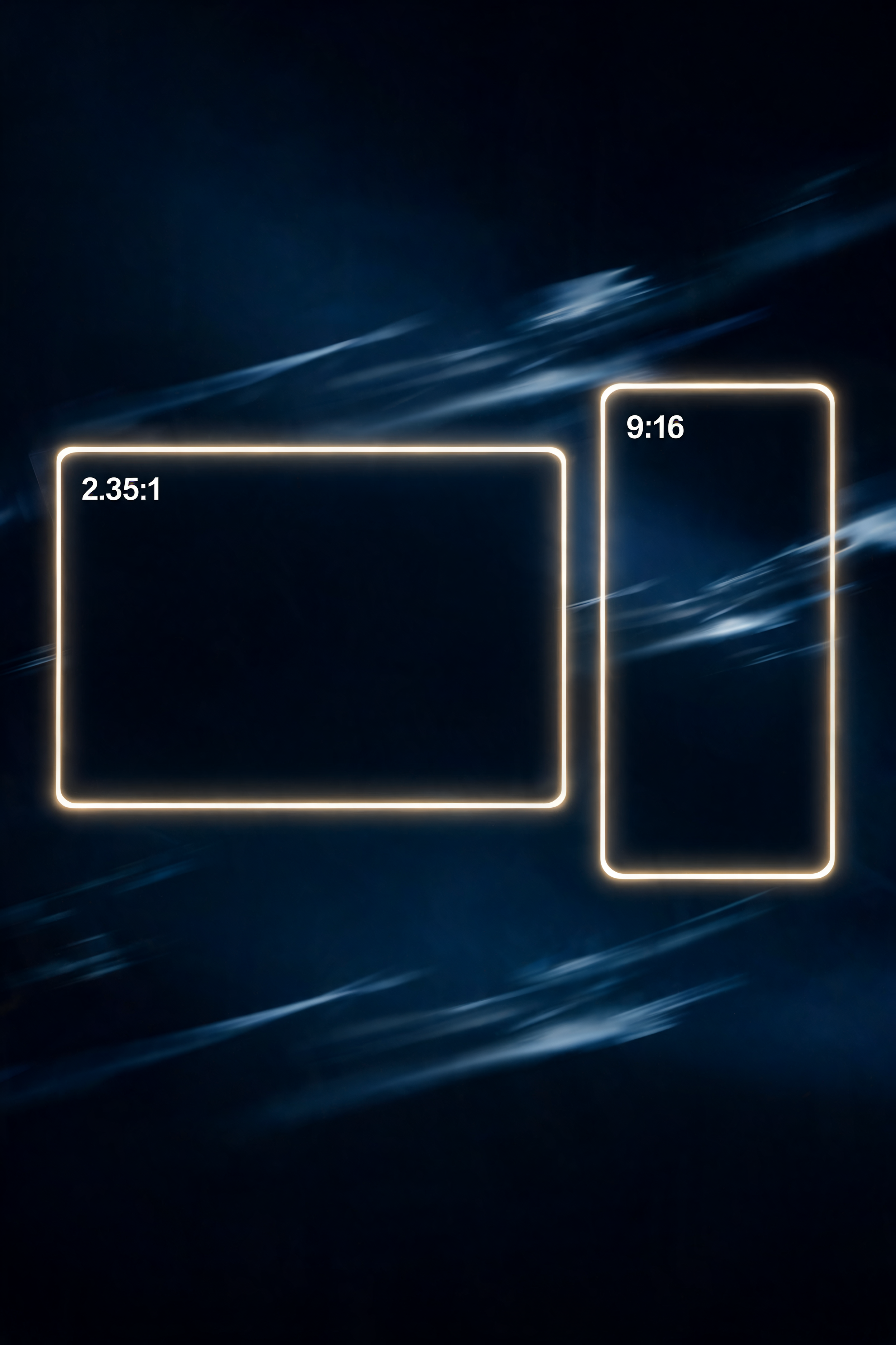 Two outlined rectangles with rounded corners display ratios; one shows 2.35:1, the other 9:16, against a dark blue background with light streaks.