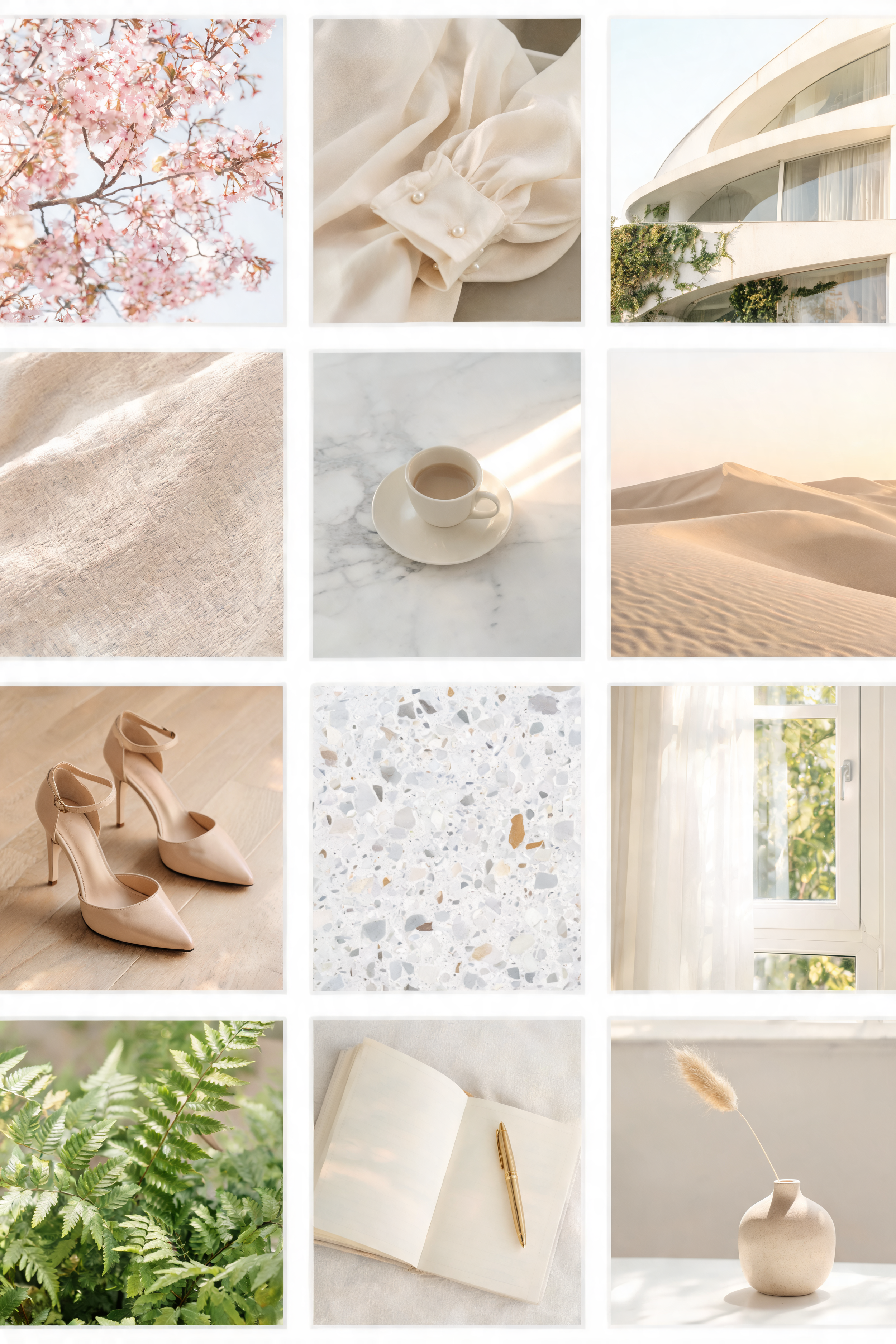 Collage of nine images: pink cherry blossoms, white fabric with pearls, modern house with greenery, beige textured fabric, cup of coffee on marble, sand dunes at sunset, beige heels, terrazzo pattern, sunlight through window, fern leaves, open notebook with pen, ceramic vase with dried grass.