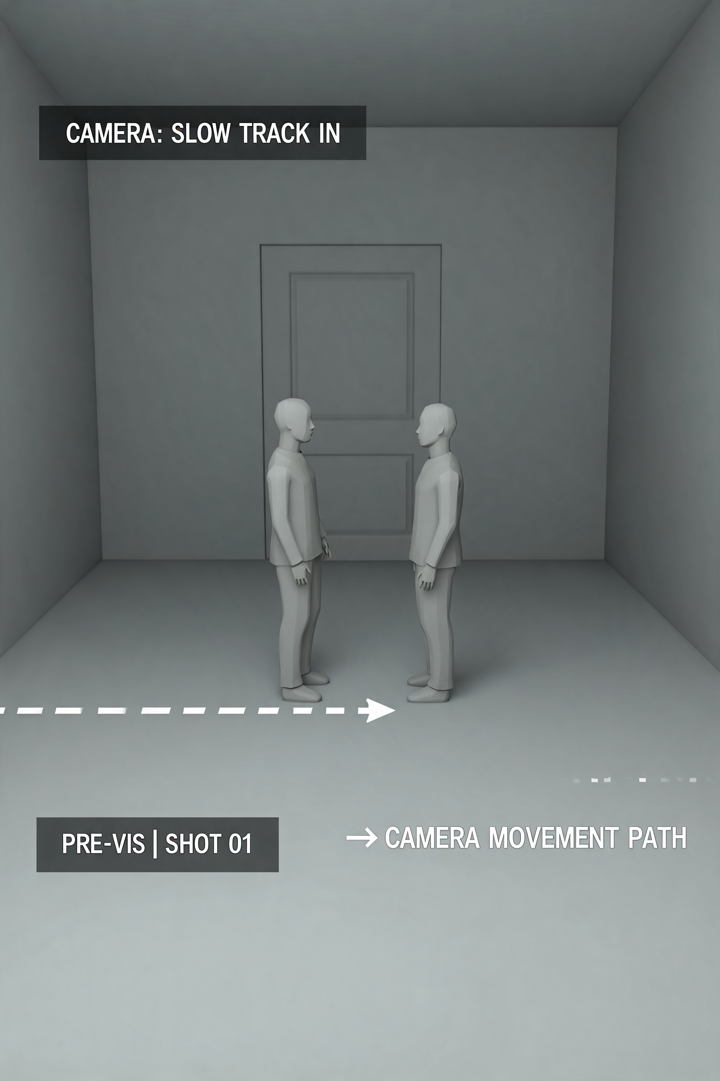 Two mannequins facing each other in an empty room, with a gray background and a closed door behind them. The image includes overlay text indicating camera settings, movement path, and shot information.