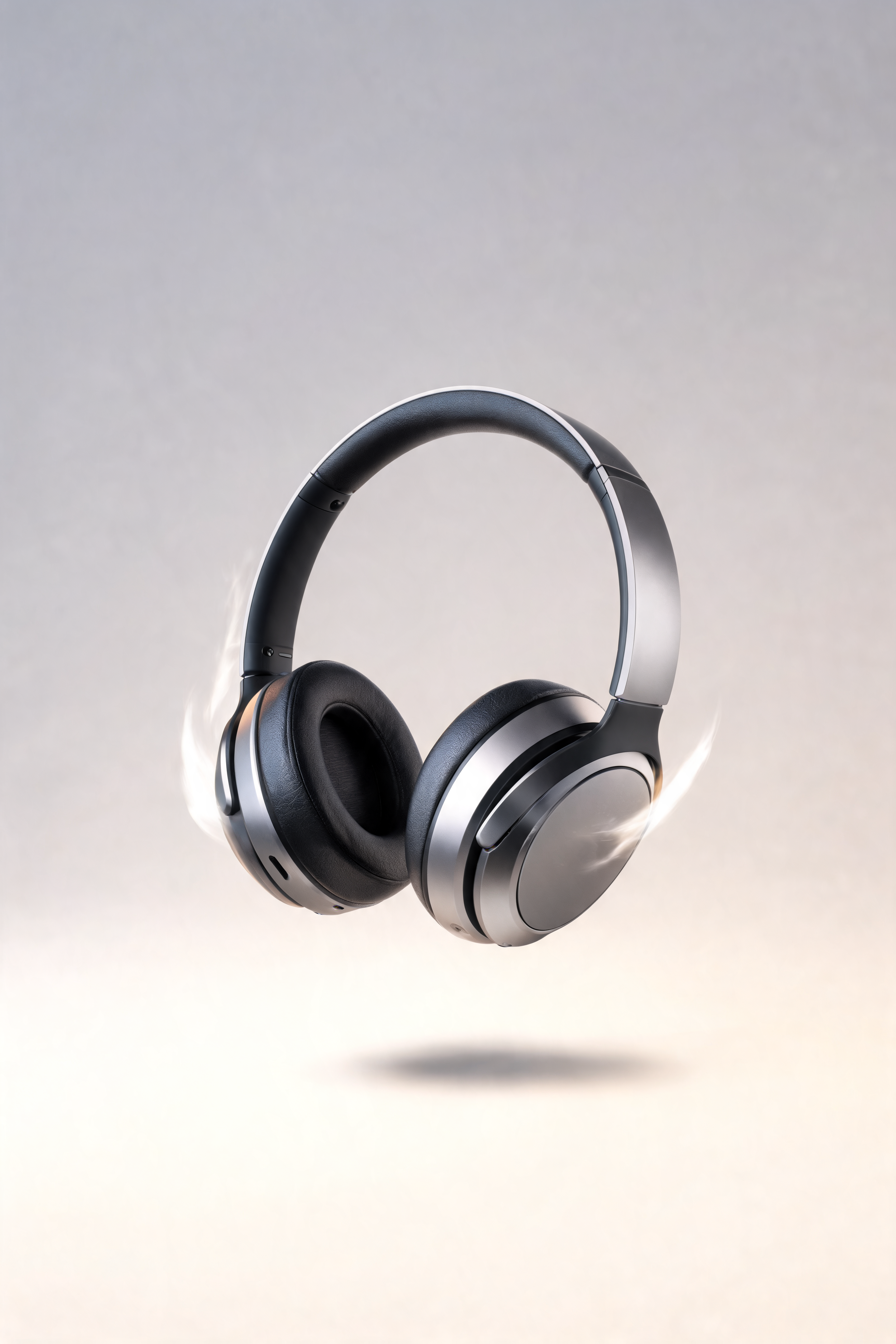 Wireless over-ear headphones with black ear cushions and metallic silver exterior, floating above a light gray surface.