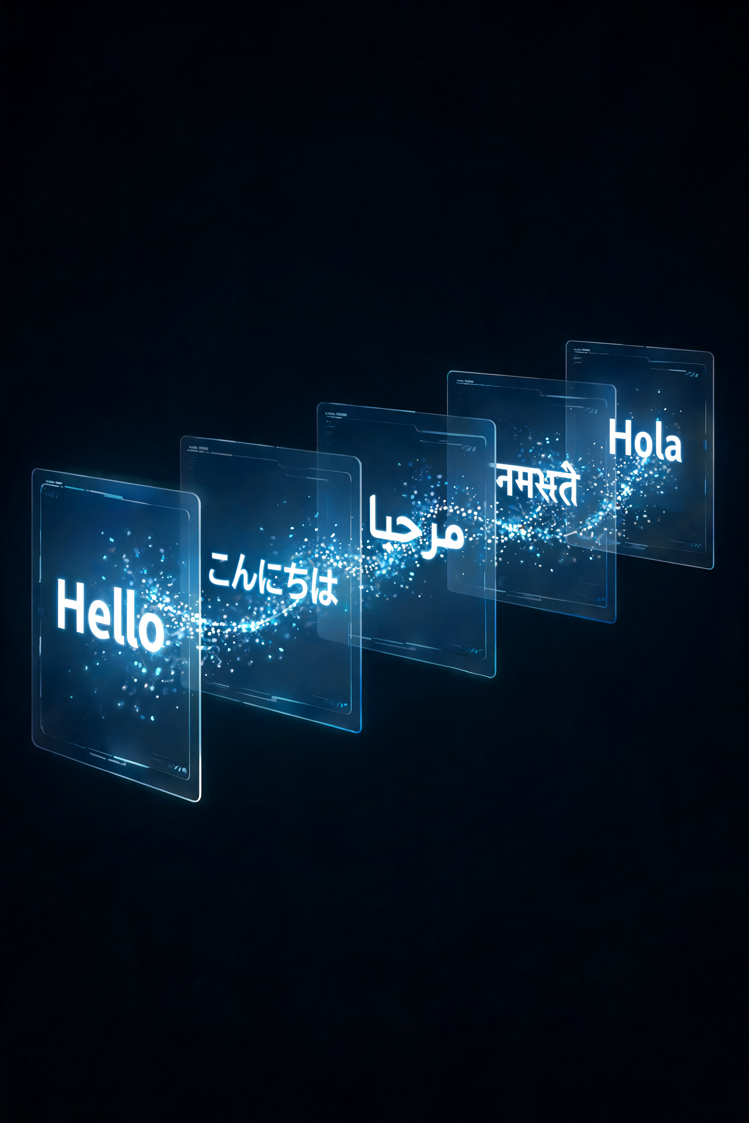 Digital holographic display with the word 'Hello' in multiple languages, including English, Japanese, Hindi, Arabic, and Spanish, on a black background.