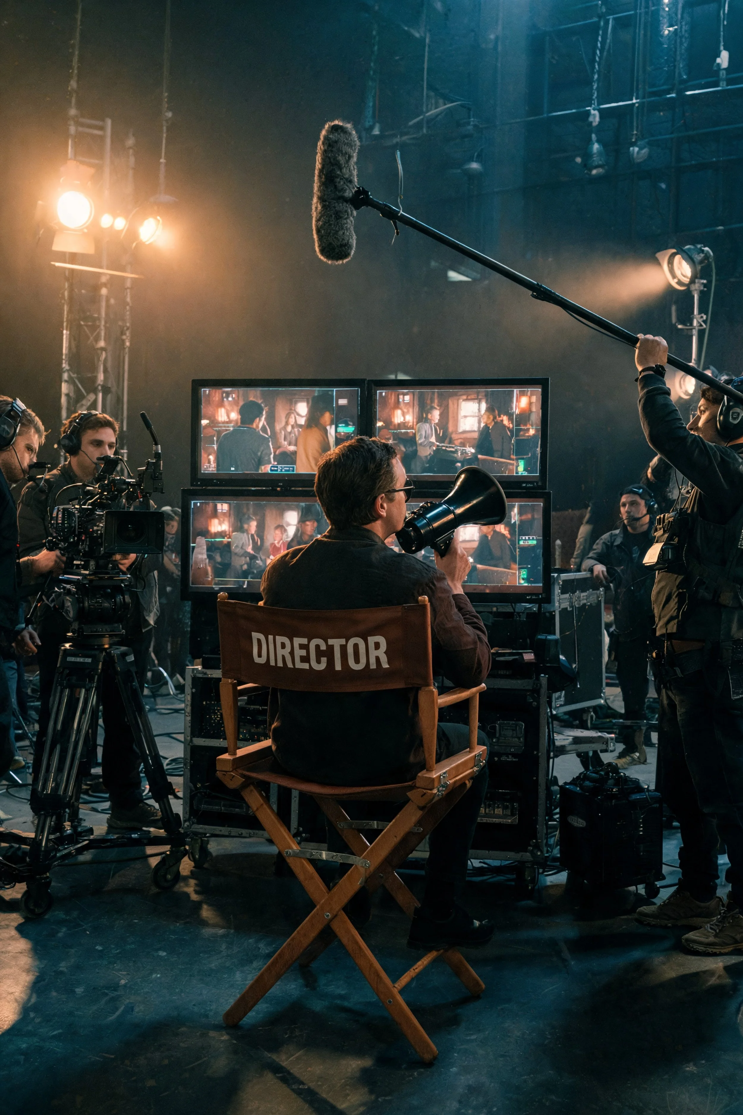 A film director sitting in a director's chair with the word 'DIRECTOR' printed on the back, surrounded by filming crew, cameras, monitors, and lighting equipment on a film set.