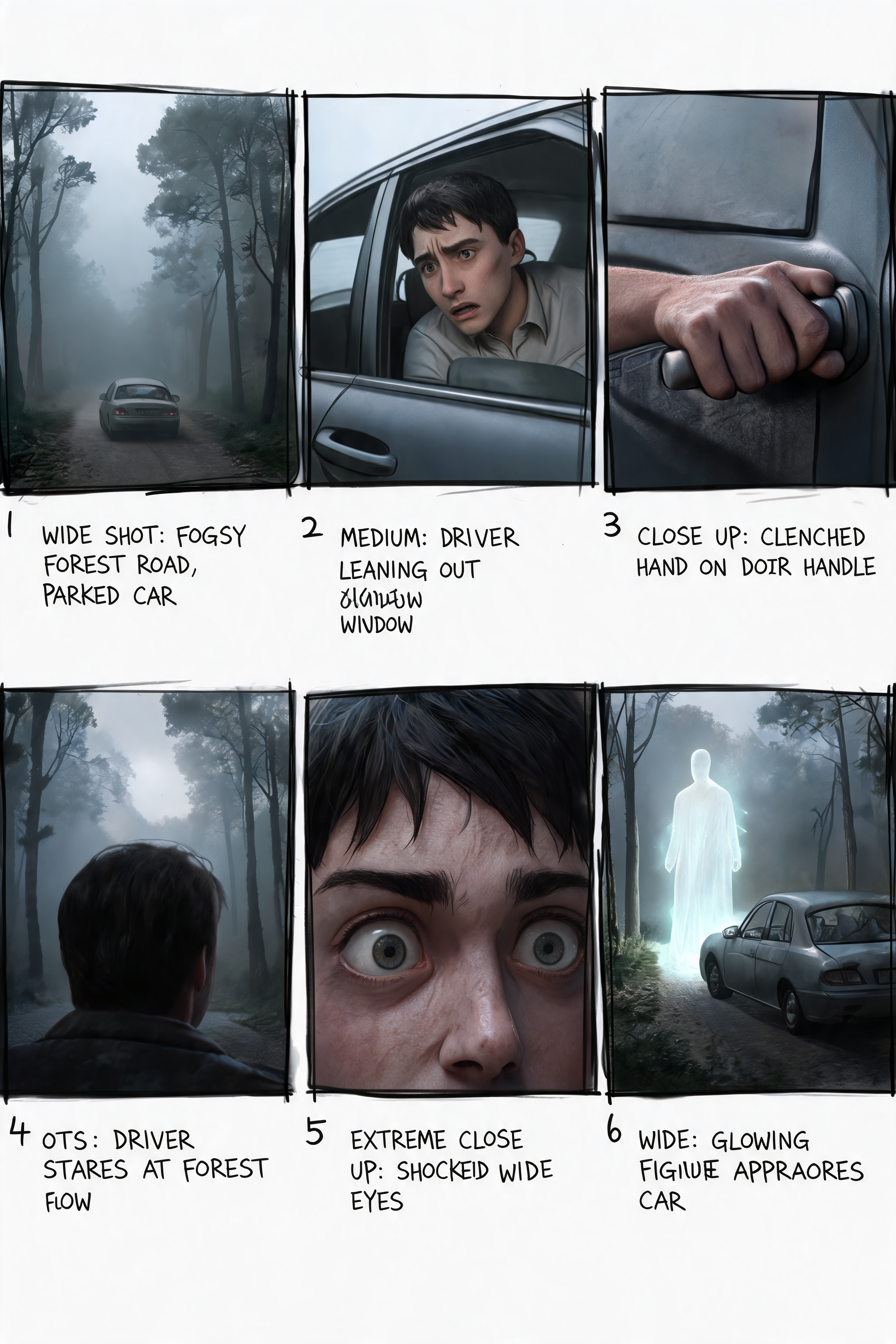 A nighttime scene showing a foggy forest road with a parked car, a man leaning out of the car window with a shocked expression, pressing the door handle, a person staring at the forest flow, another person with wide open shocked eyes, and a glowing figure approaching the car.