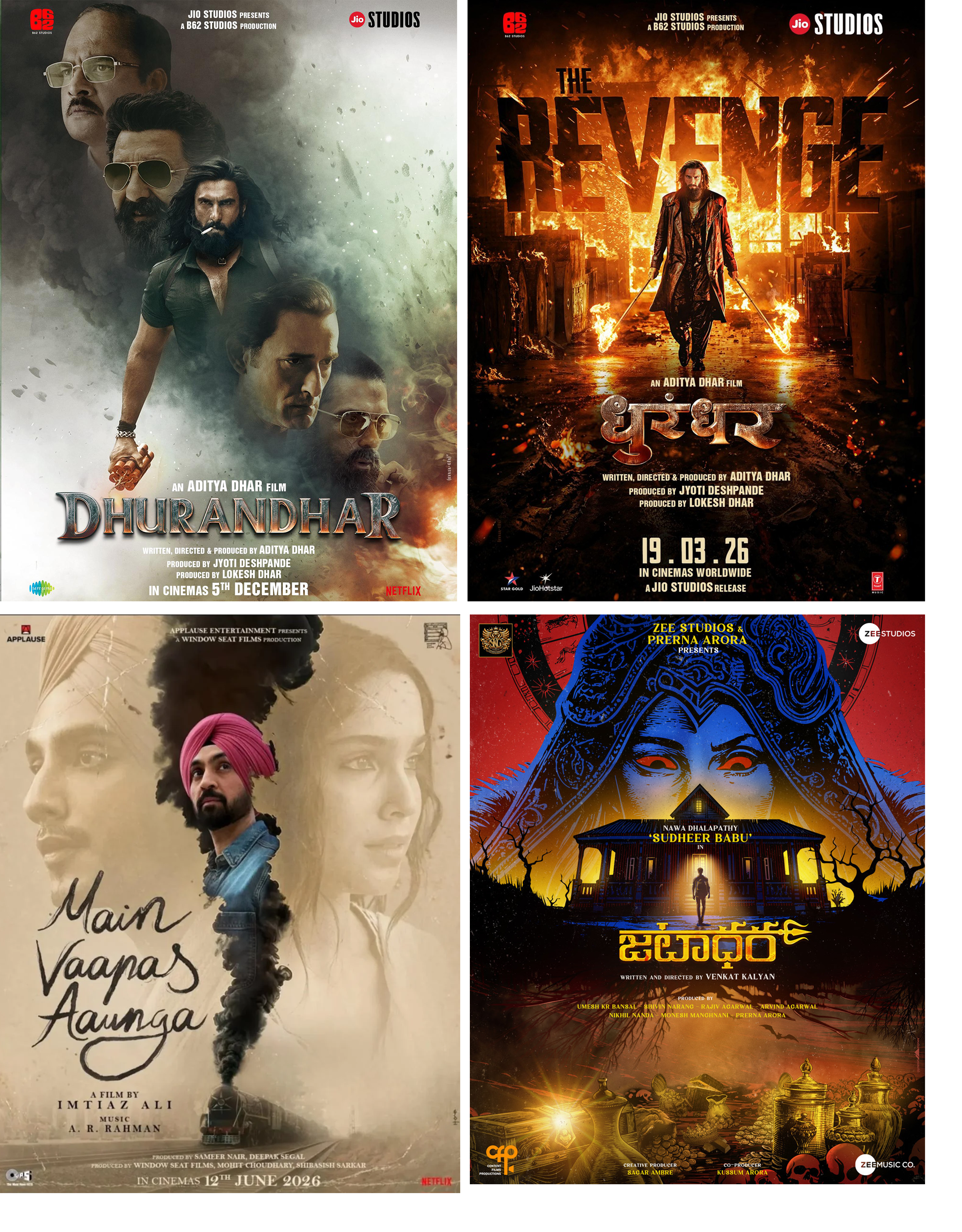 Top row features four different movie posters, each with various characters and titles: 'Dhurandhar,' 'The Revenge,' and two others. The posters include actor images, dramatic backgrounds, and release dates. The bottom row displays poster images with stylized characters, cultural elements, and intricate designs, including text in a non-English script.