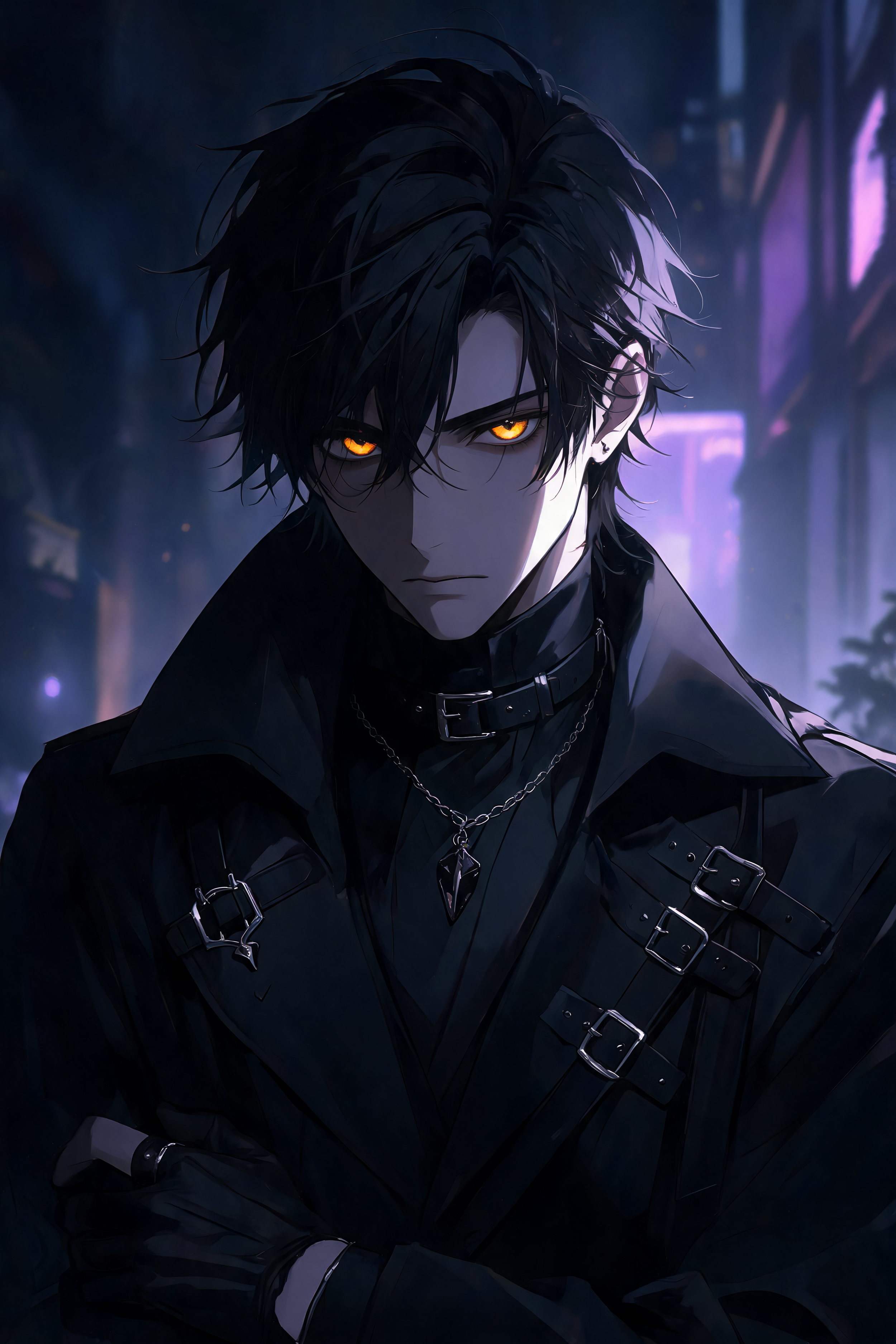A digital illustration of a young man with black, wet hair and glowing orange eyes, dressed in black with multiple belts and chains, set against a dark, atmospheric background.