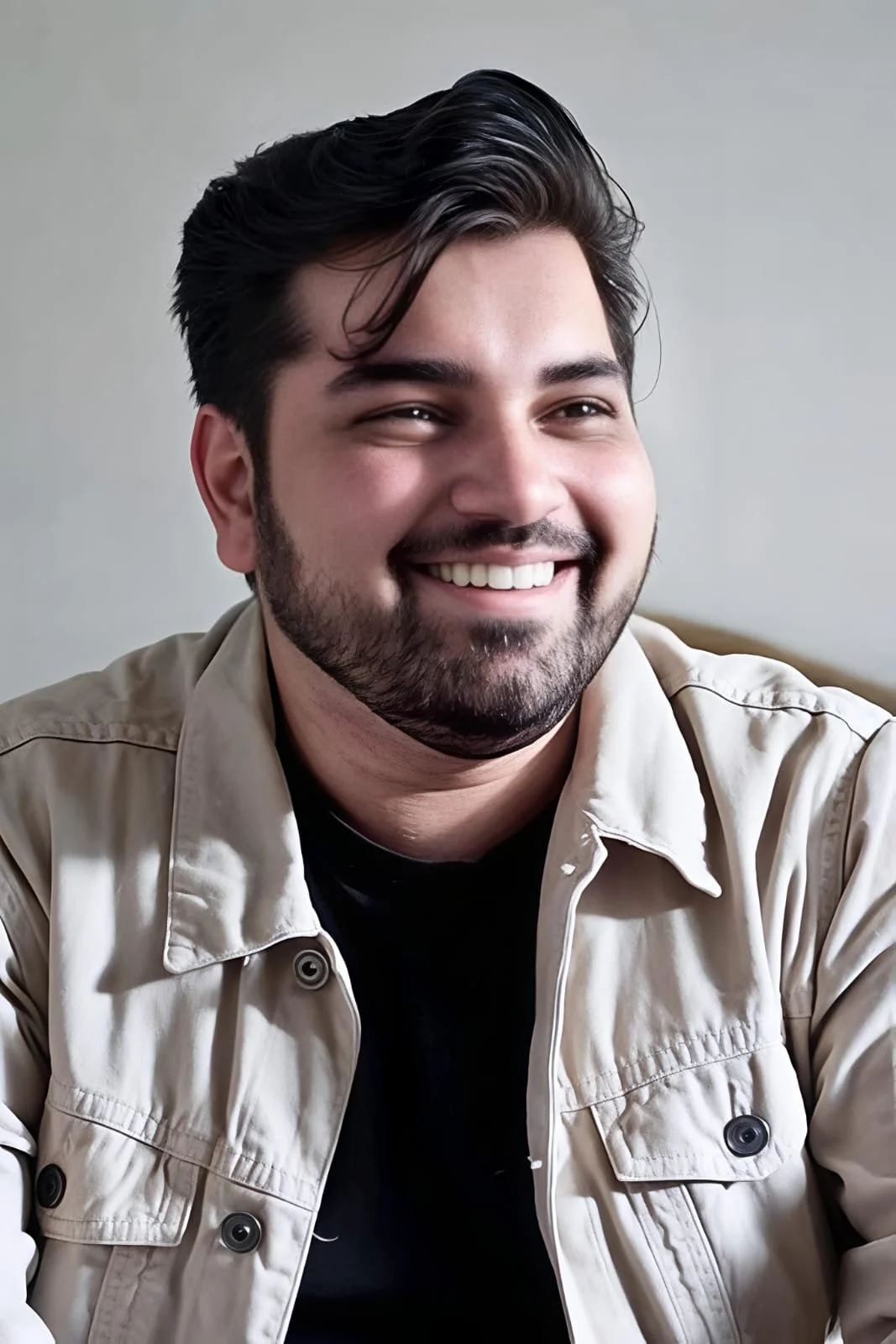 A smiling man with dark hair, a beard, and a mustache, dressed in a beige jacket over a black shirt, sitting against a light background.