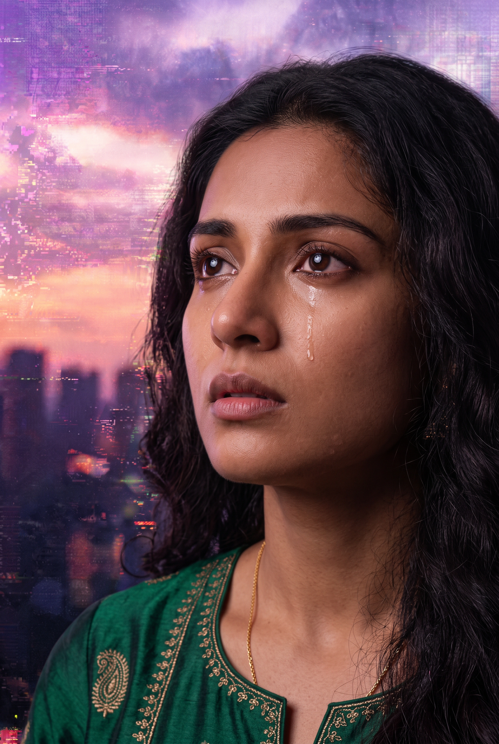 A woman with dark, wavy hair and brown eyes, wearing a green traditional Indian dress with gold embroidery, and a gold necklace, standing against a purple and pink cityscape background with a futuristic, digital appearance.
