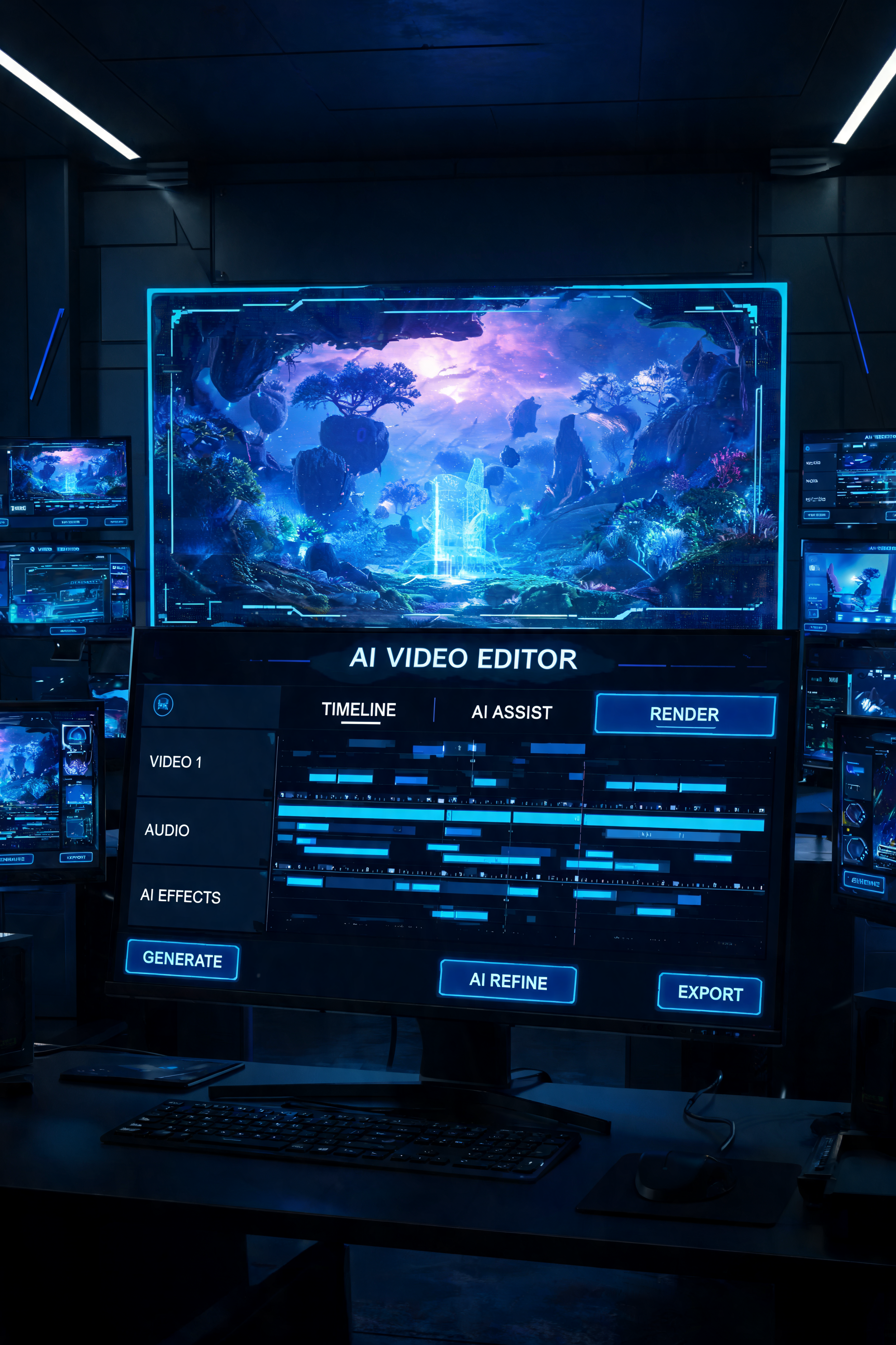 A computer screen displaying an AI video editor interface with options like generate, AI refine, export, and video preview.