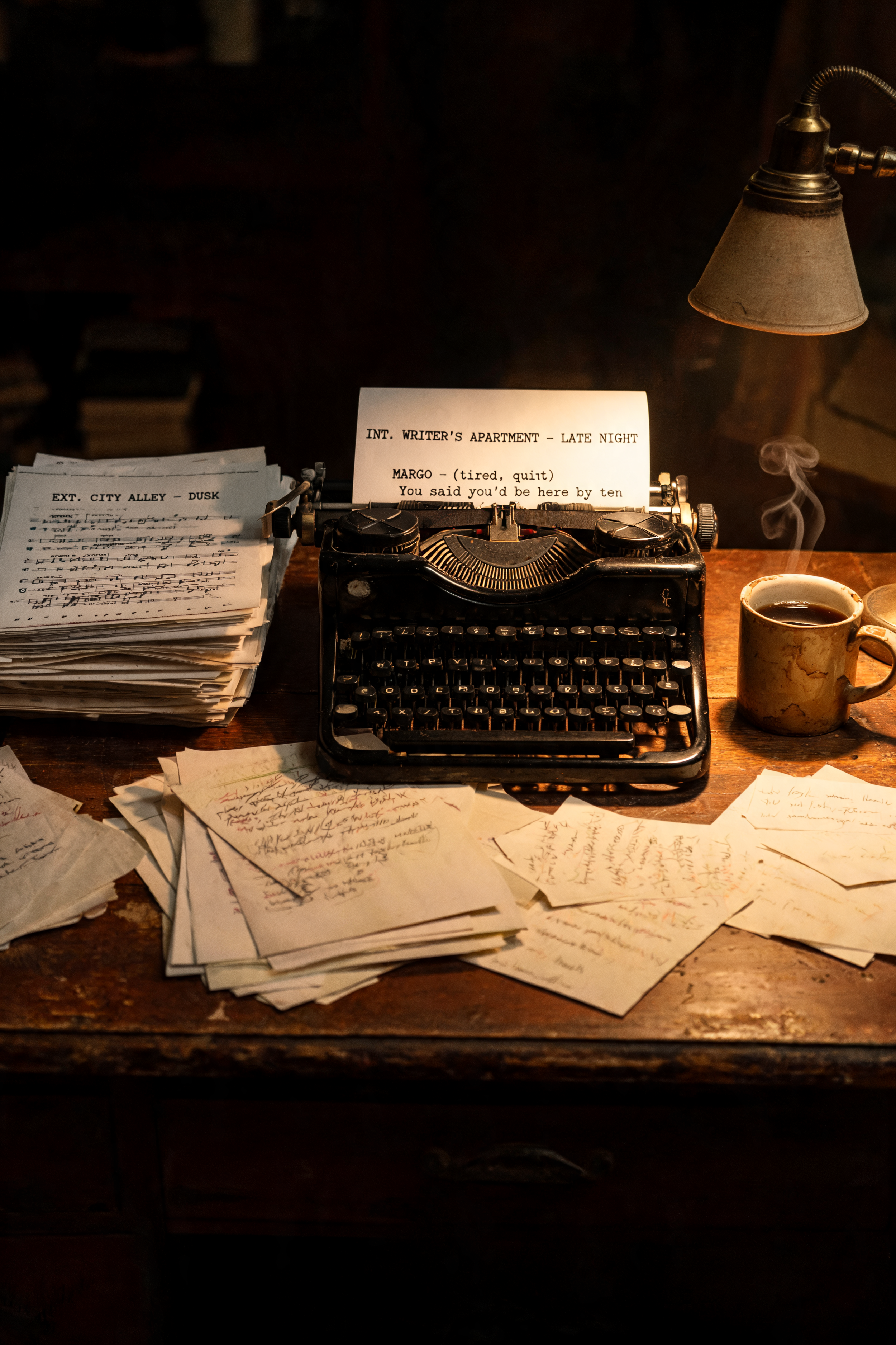 A vintage typewriter on a wooden desk with stacks of handwritten notes, a cup of coffee, and a desk lamp illuminating the scene.
